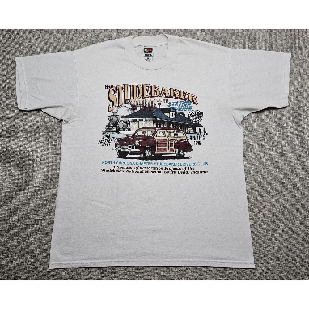 VINTAGE Studebaker Drivers Club Shirt Mens Large Graphic Woody Station Wagon 90s